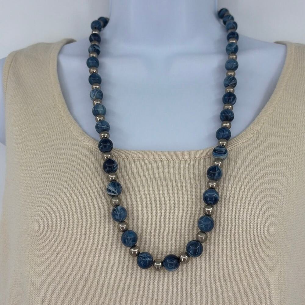 Vintage 90 Blue Marbled Bead Necklace Nautical Preppy Coastal Grandmother Resort